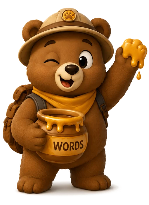Stickey the bear waving a honey-dipped paw